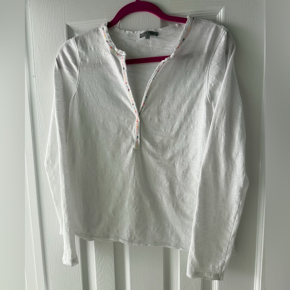 Lisa Tod the XO tee White Long-Sleeve Split neck 100% cotton Top in size Small - Picture 9 of 10